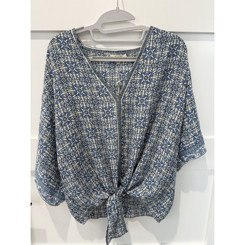 Max Studio Womens Blue Green Floral Short Flutter Sleeve Tie Front Size L